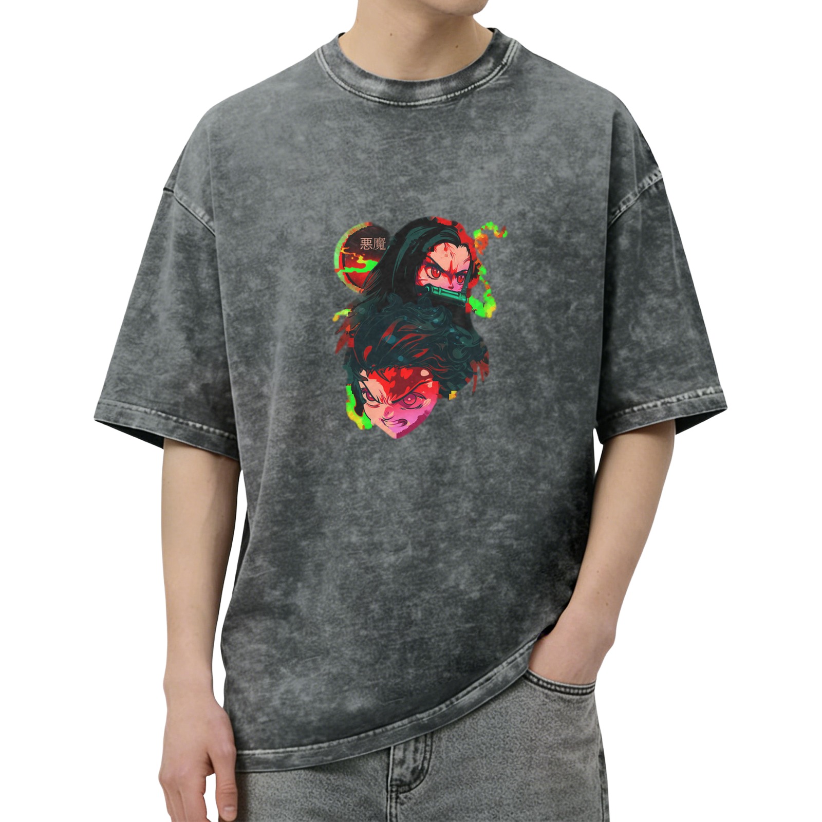 Demon Slayer themed distressed washed black loose short-sleeved T-shirt