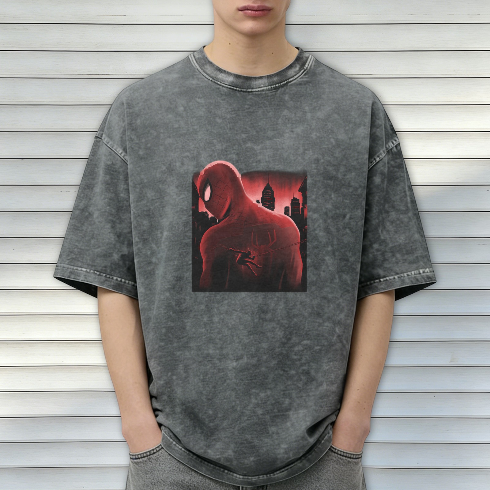 Washed Black Oversized T-Shirt with Spider-Man Cityscape Graphic