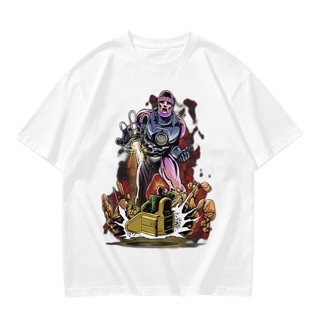 Olive T-shirt with Robot Villain and Tank Action Graphic