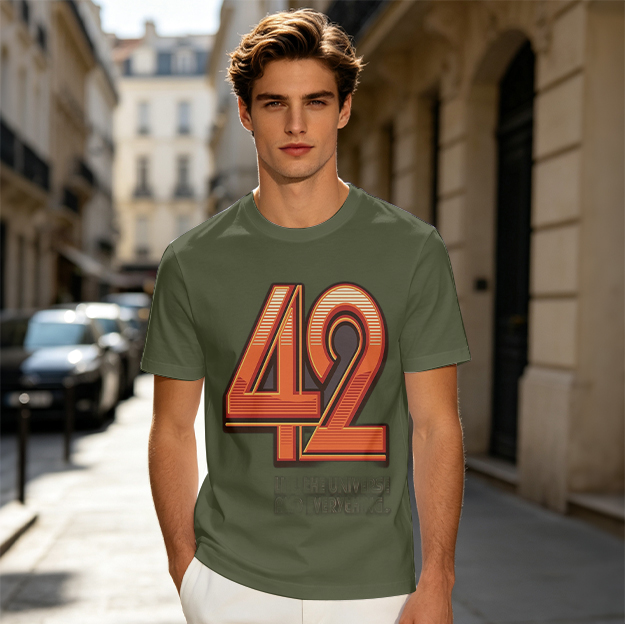 Olive Green T-Shirt With Retro Number 42 Graphic Print