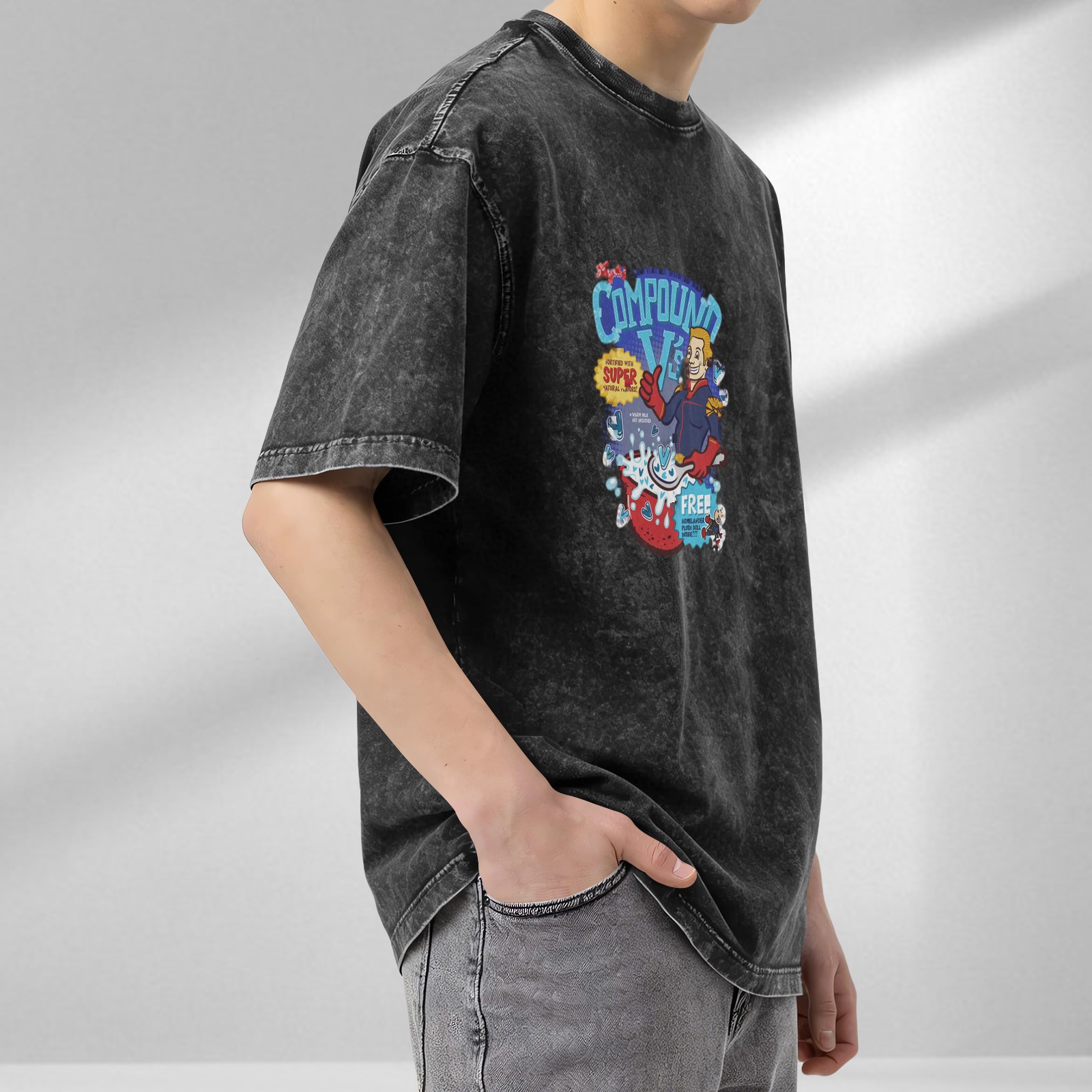 Washed black graphic t-shirt with Compound V cartoon design