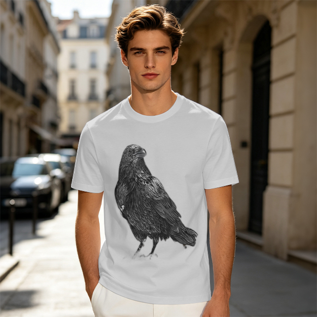 Olive Green T-Shirt With Detailed Raven Graphic Print