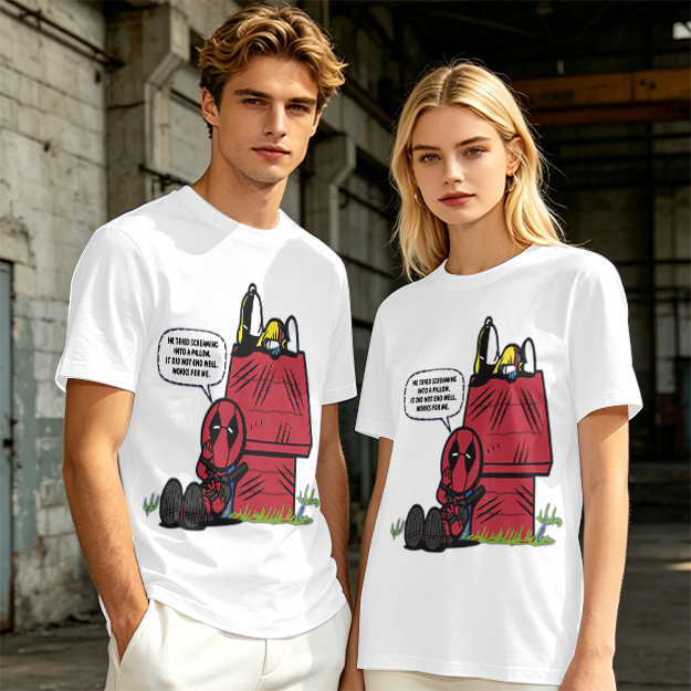 Olive t-shirt with Deadpool and Snoopy mashup graphic