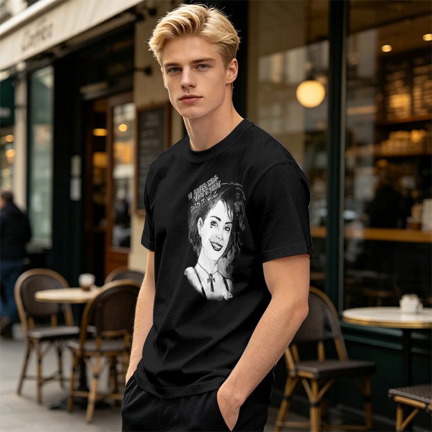 Olive T-Shirt with Black and White Portrait Print