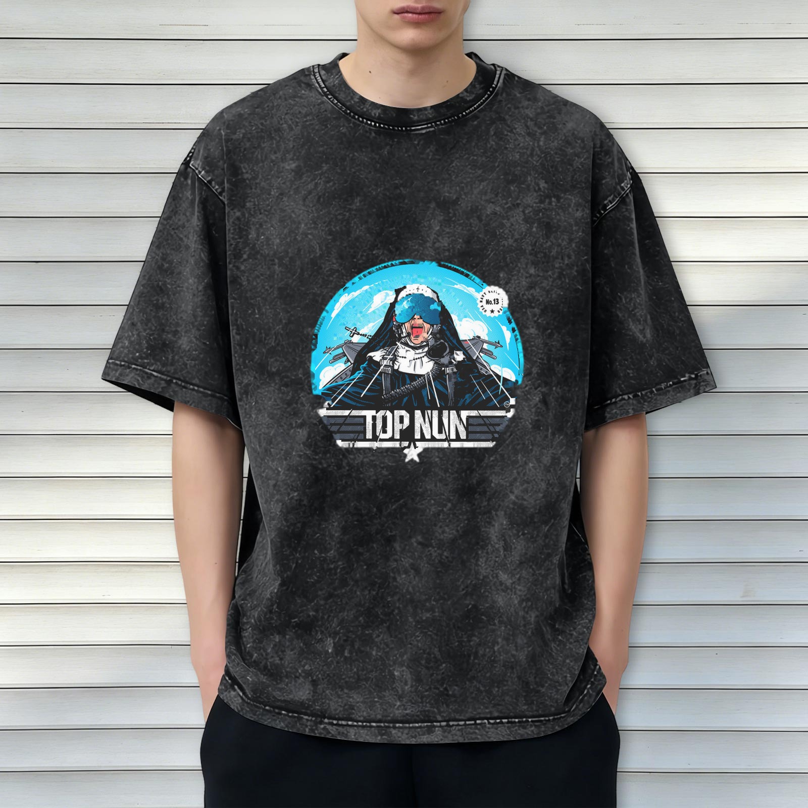 Oversized Dark Wash Graphic Tee With Top Nun Pilot Print