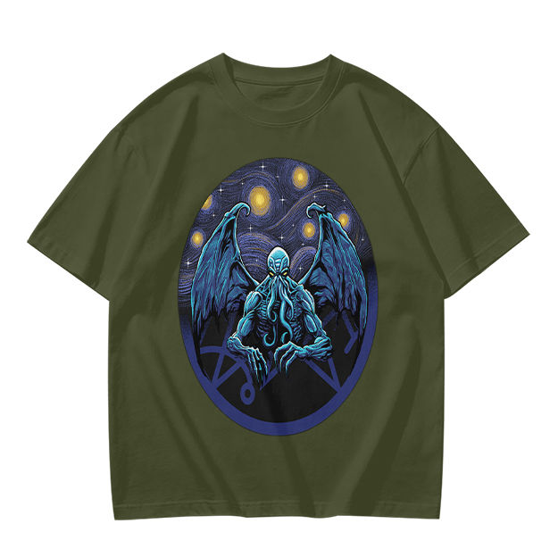 Olive T-Shirt with Cthulhu Starry Night Graphic Print