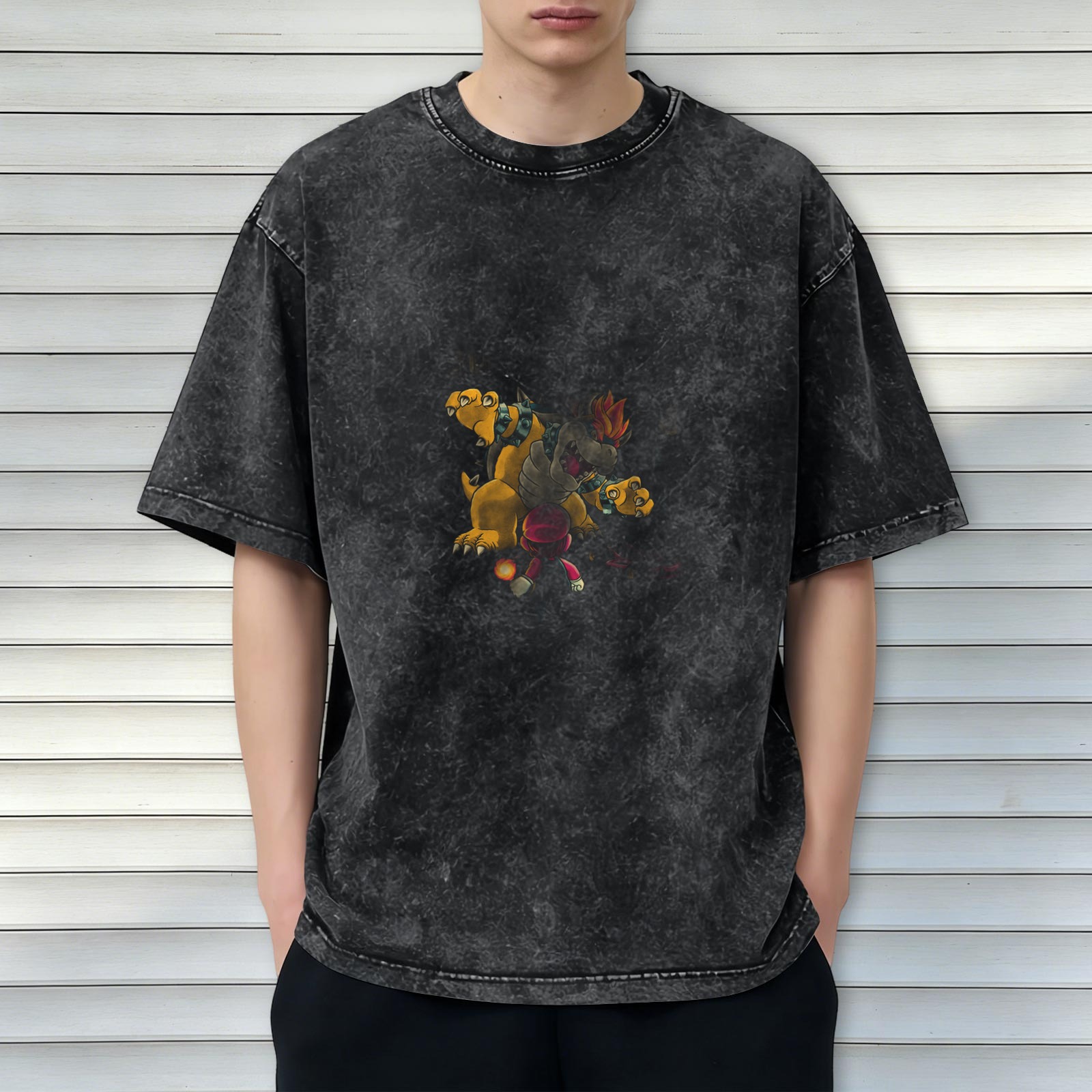 oversized acid wash t-shirt with three-headed monster graphic print
