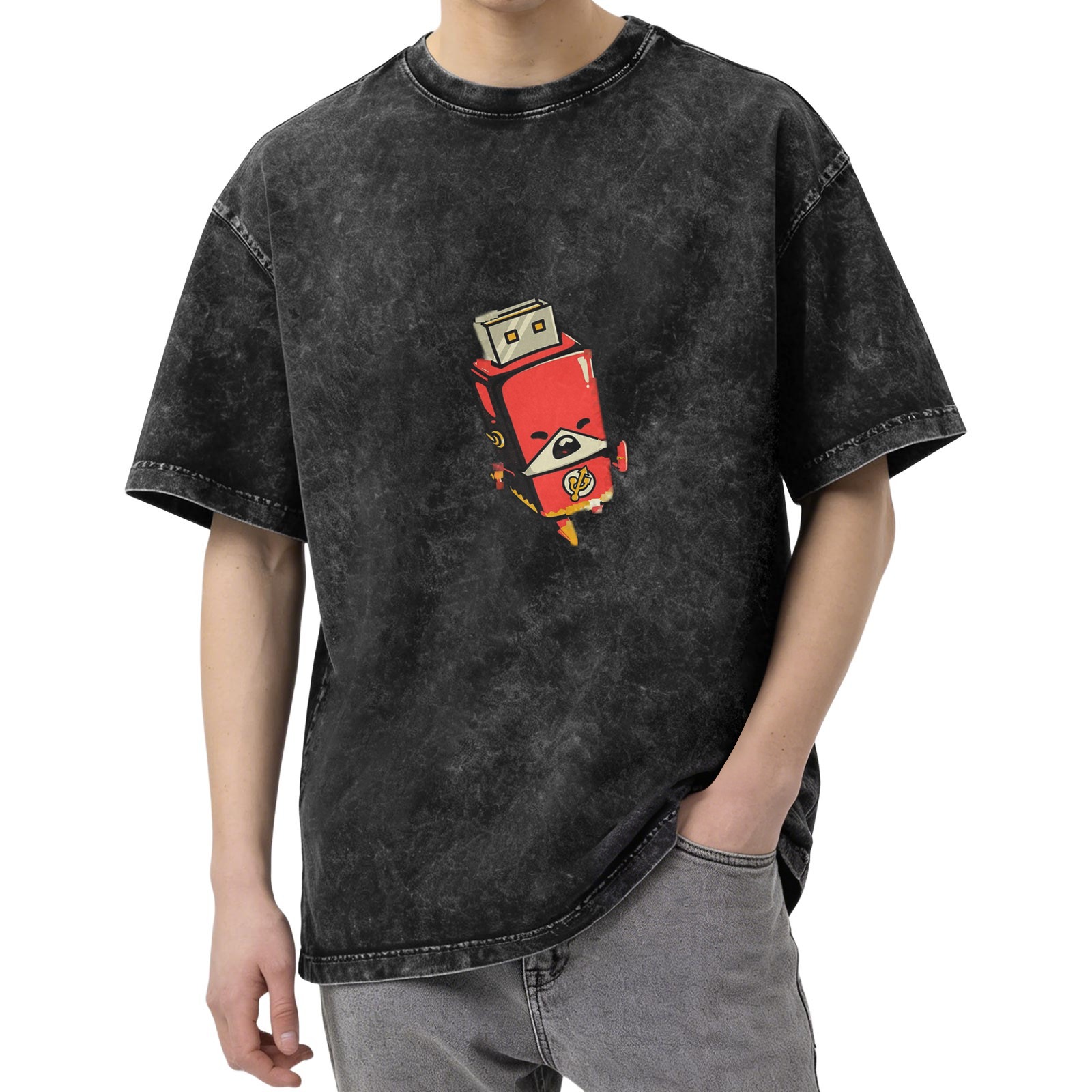 Distressed washed black cartoon U disk Superman printed short-sleeved T-shirt