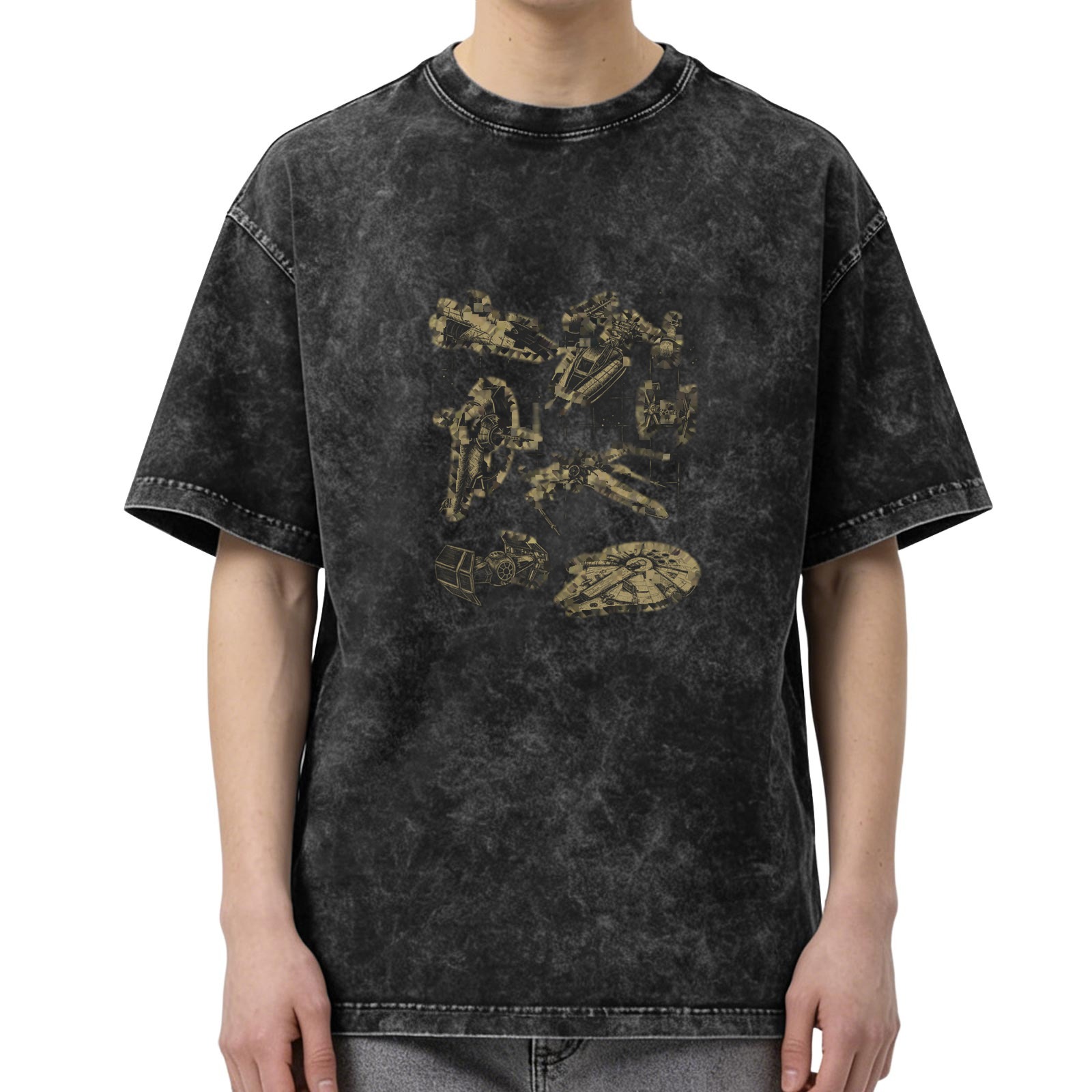 Washed Black T-Shirt with Vintage Star Wars Spaceship Graphic Print