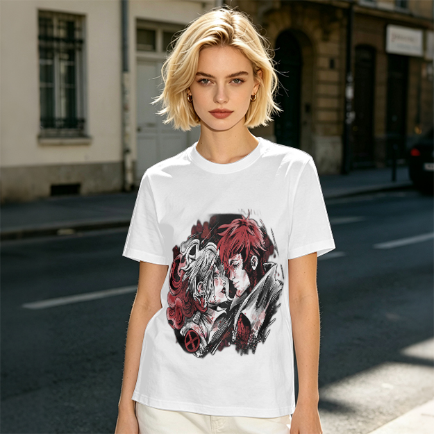 Olive T-Shirt with Anime Style Character Portrait Print