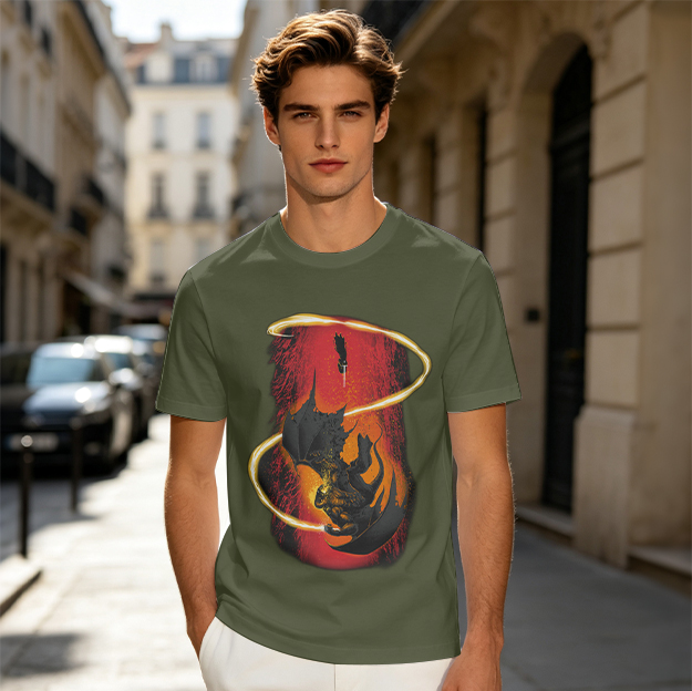 Olive Green T-Shirt With Fiery Dragon And Glowing Ring Graphic