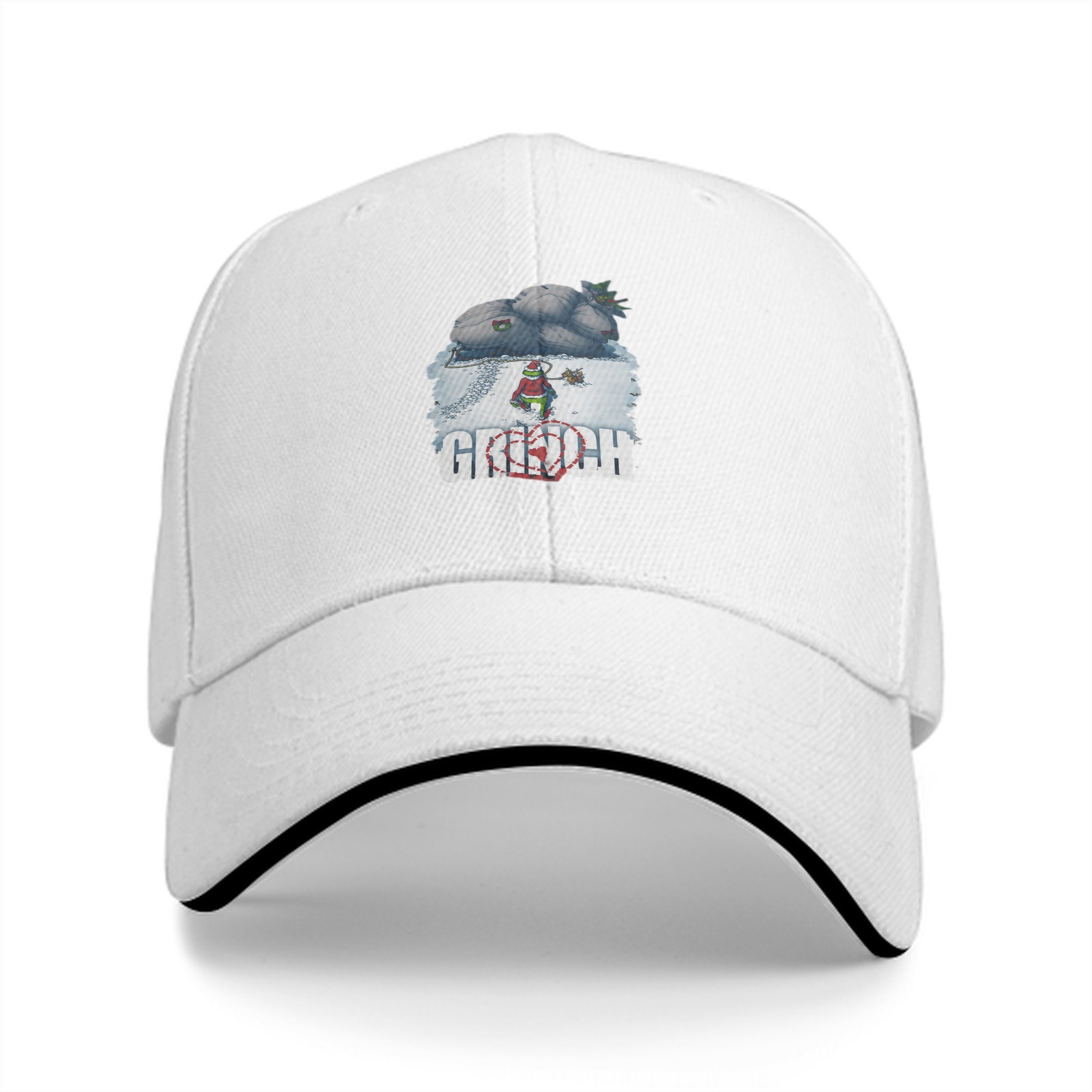 Black Baseball Cap With Grinch Winter Sleigh Graphic Design