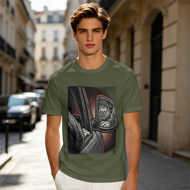 Olive T-Shirt With Wizard In Car Side Mirror Graphic