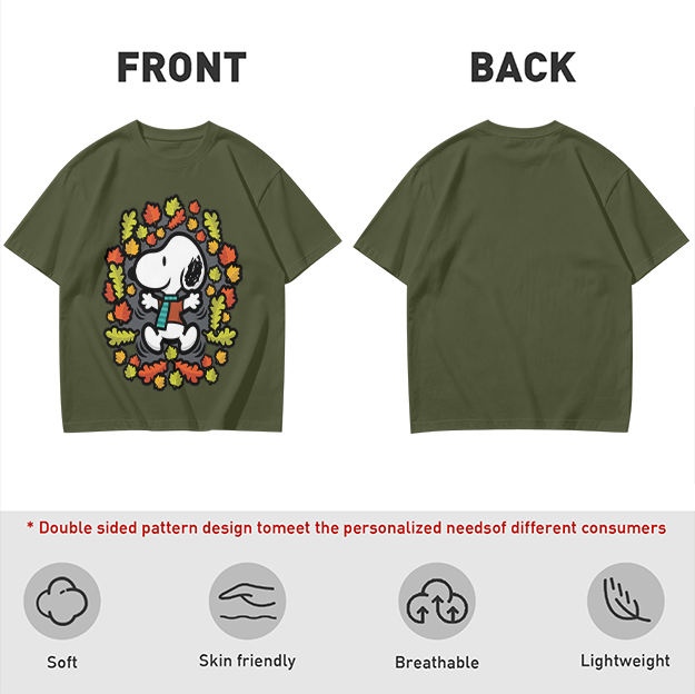 Olive green t-shirt with Snoopy playing in autumn leaves