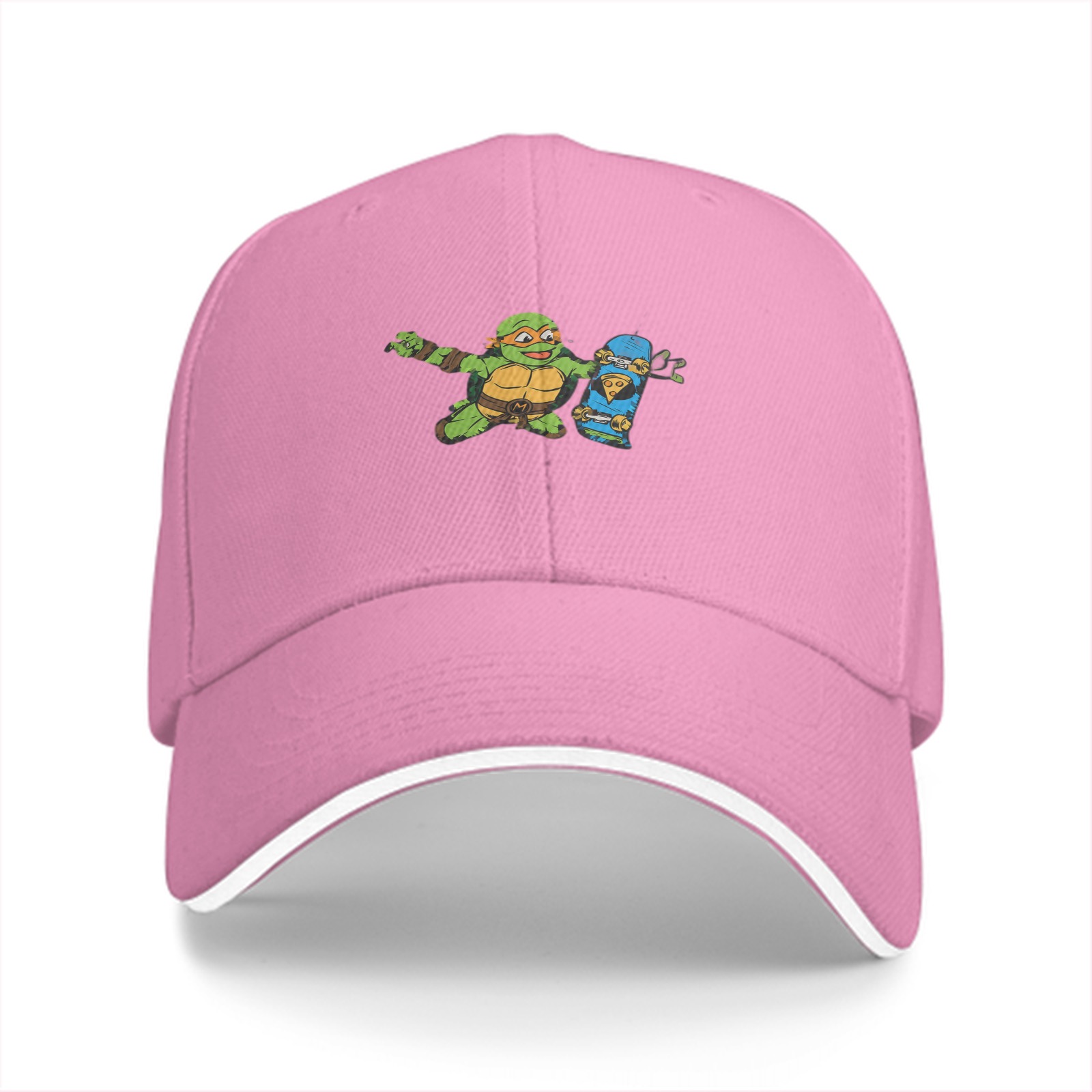 Black Baseball Cap with Cartoon Ninja Turtle Skateboard Graphic