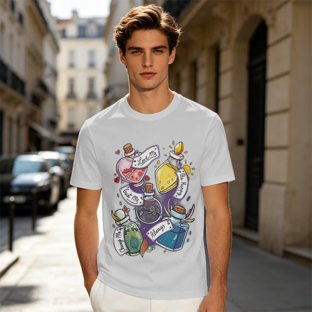 Olive T-Shirt With Magical Potion Bottles Graphic Design