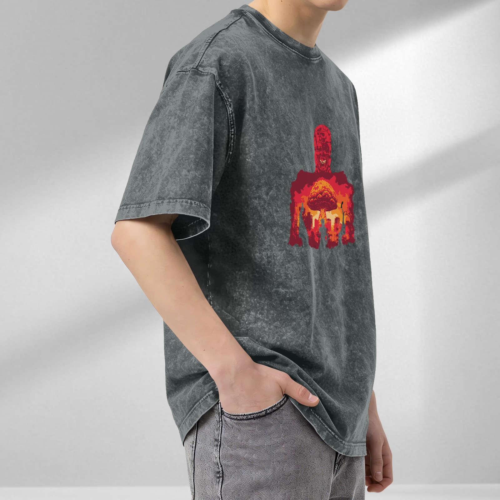 Oversized Acid Wash T-Shirt with Nuclear Explosion Skull Art