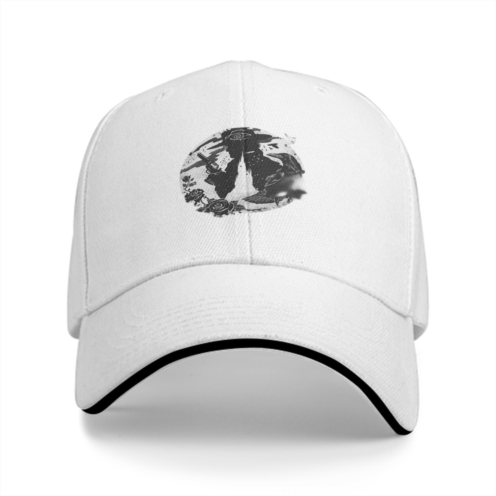 Black Baseball Cap With Gothic Silhouette And Rose Graphic