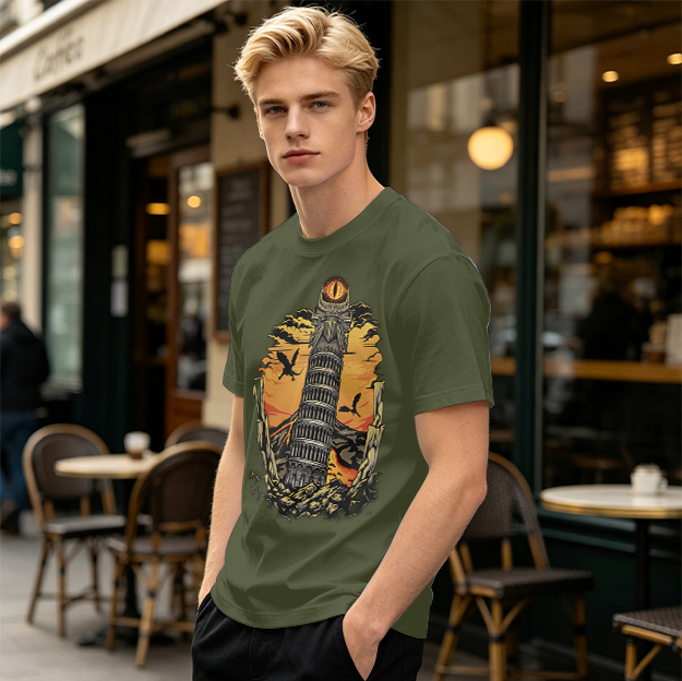 Ominous tower with eye and flying creatures graphic t-shirt