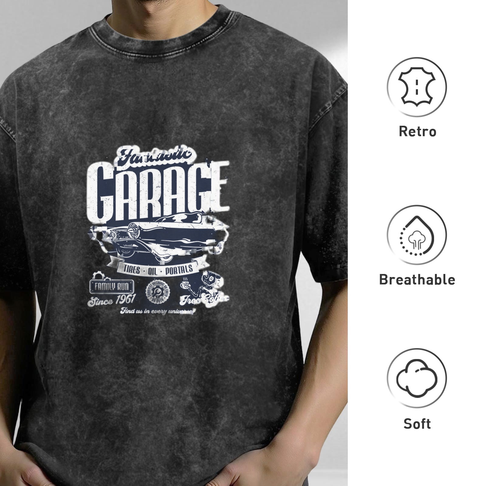 Vintage Washed Graphic T-Shirt with Garage and Classic Car Print