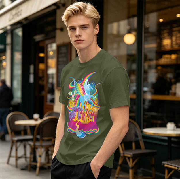 Olive T-Shirt With Whimsical Rainbow Fantasy Creature Castle Art