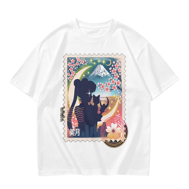 Olive T-shirt with Japanese stamp-style anime graphic print