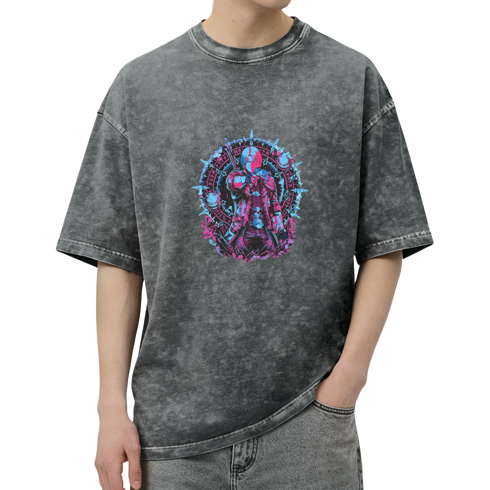 Washed Black Graphic T-Shirt with Neon Fantasy Character Print