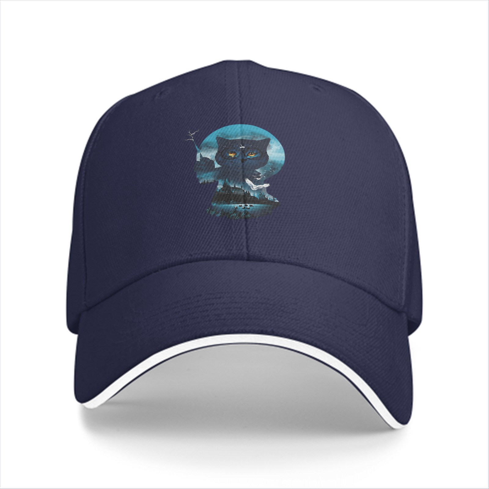 Black Baseball Cap With Mystical Owl Moon Graphic Design