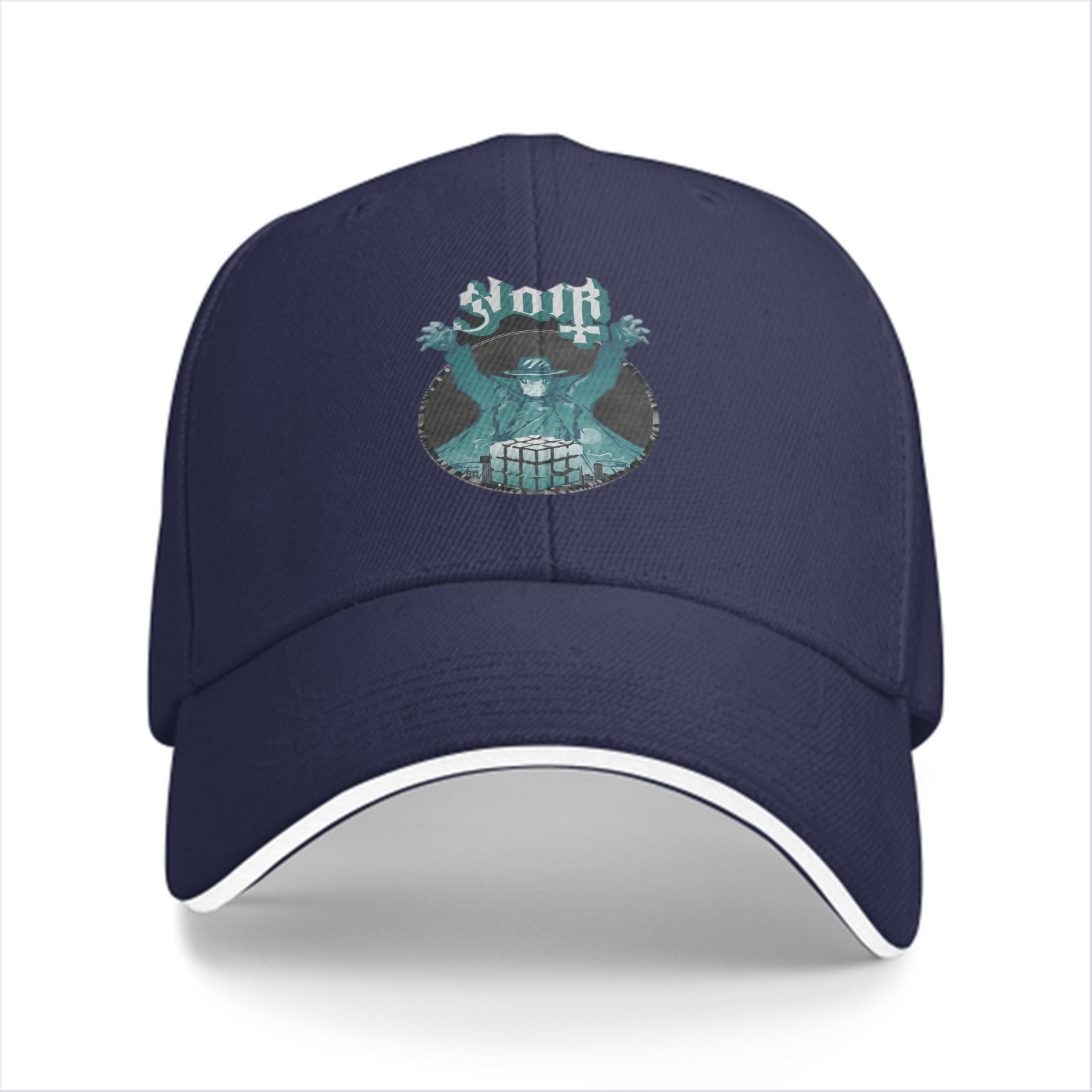 Black Baseball Cap With Gothic Graphic Print Design