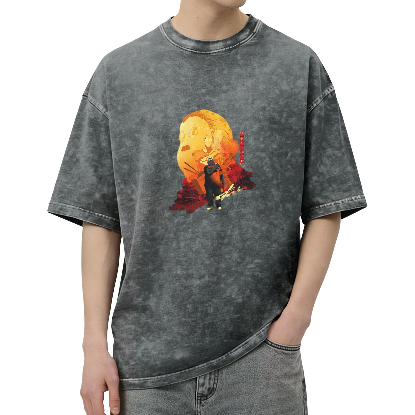 Oversized Acid Wash Anime Graphic T-Shirt