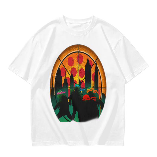 Olive T-Shirt With Ninja Turtles Pizza City Silhouette Print