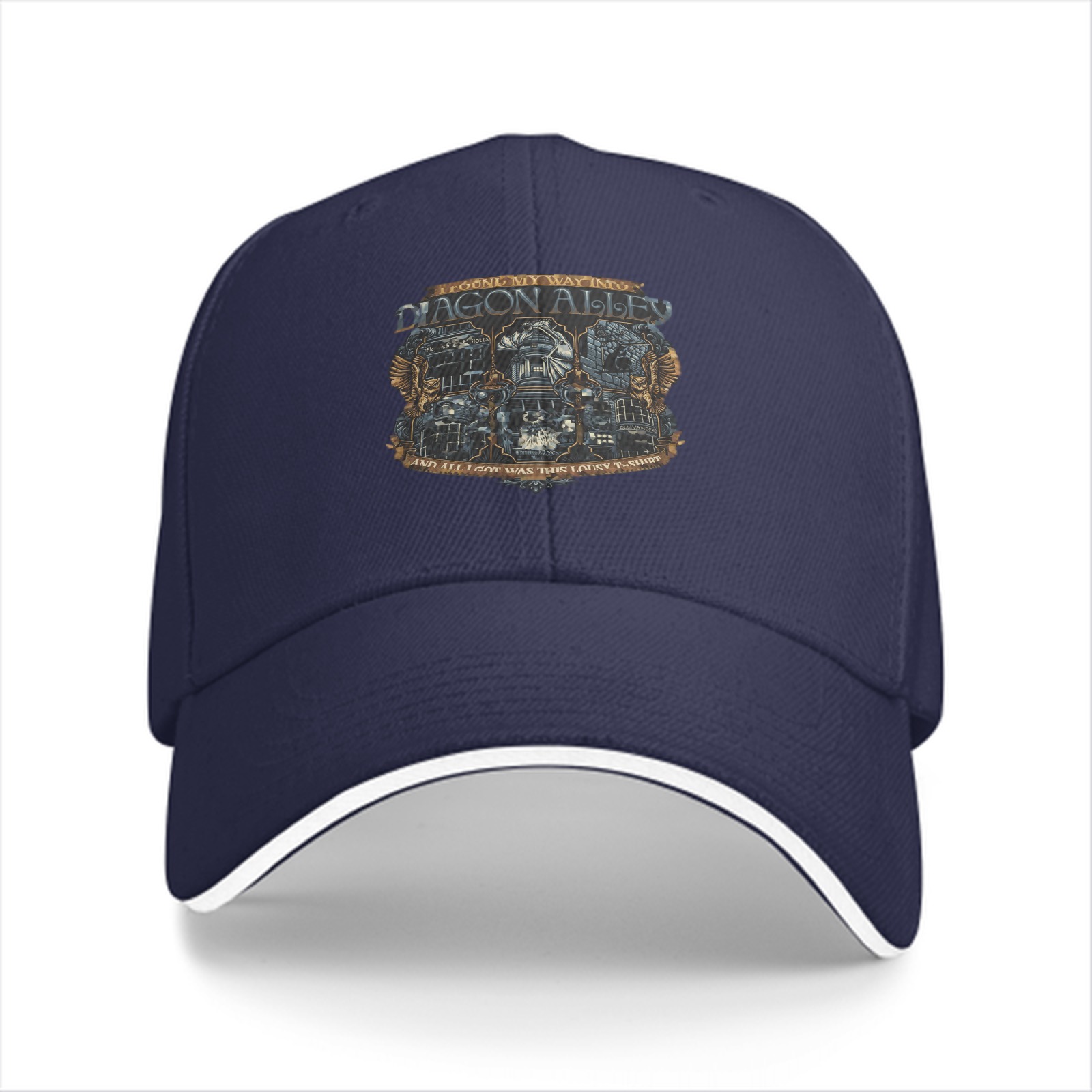 Black Baseball Cap With Diagon Alley Fantasy Graphic Print
