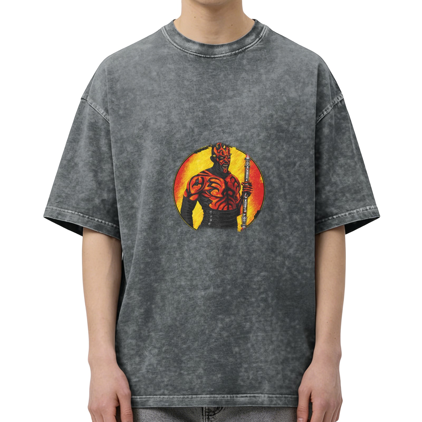 Oversized Acid Wash T-Shirt With Darth Maul Graphic Print