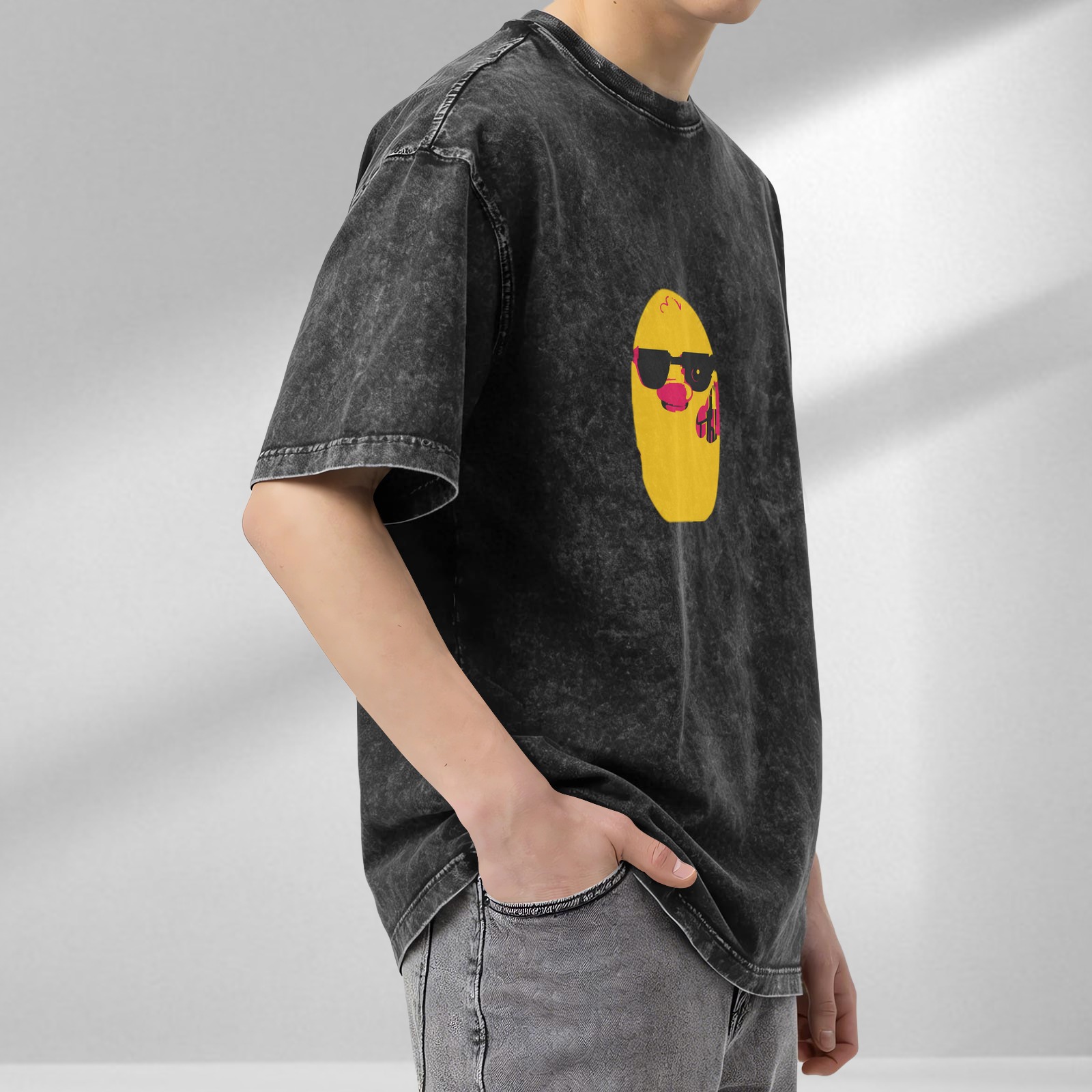 Washed Black T-Shirt With Cool Sunglass Duck Graphic