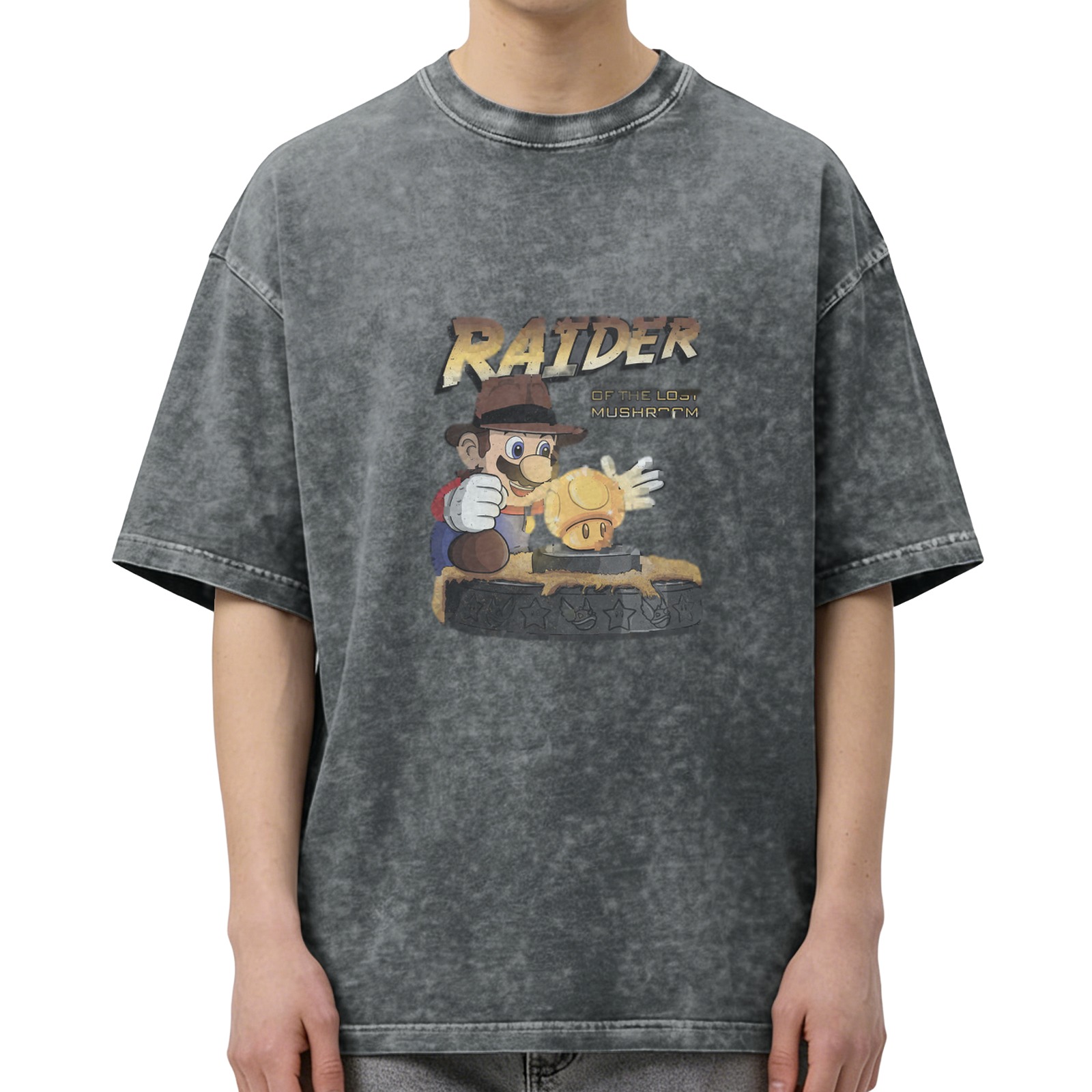 Vintage Washed Black Short Sleeve T-Shirt with 'Raider of the Lost Mushroom' Mario Graphic Print