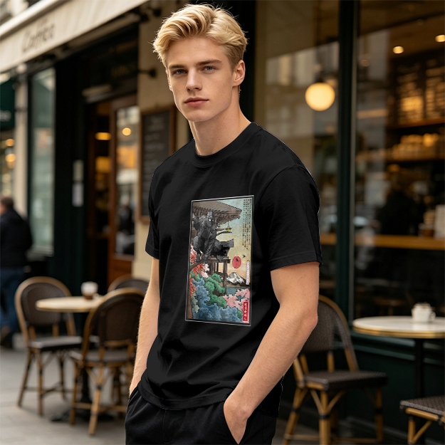 Olive T-Shirt with Ukiyo-e Style Samurai Warrior Print