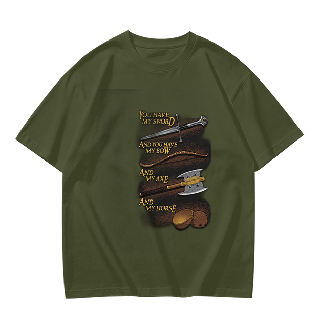 Olive T-Shirt with Fantasy Weapon Quote Print