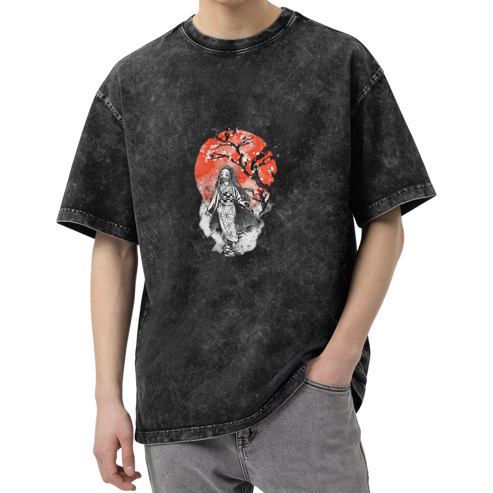 Oversized Vintage Wash Anime Graphic T-Shirt featuring Nezuko Kamado with Red Sun and Cherry Blossom Tree Design
