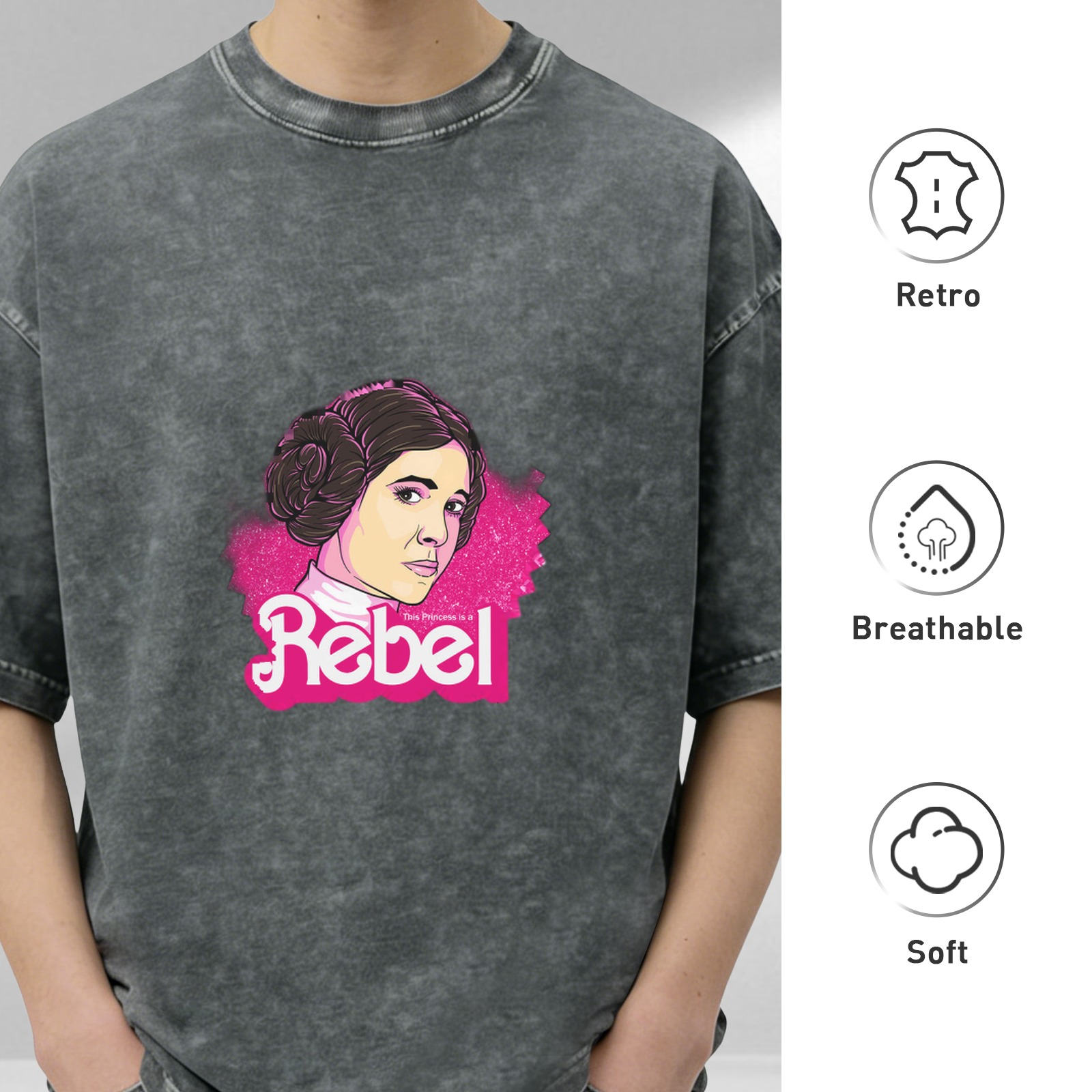 Washed Black T-Shirt with Princess Leia Rebel Graphic