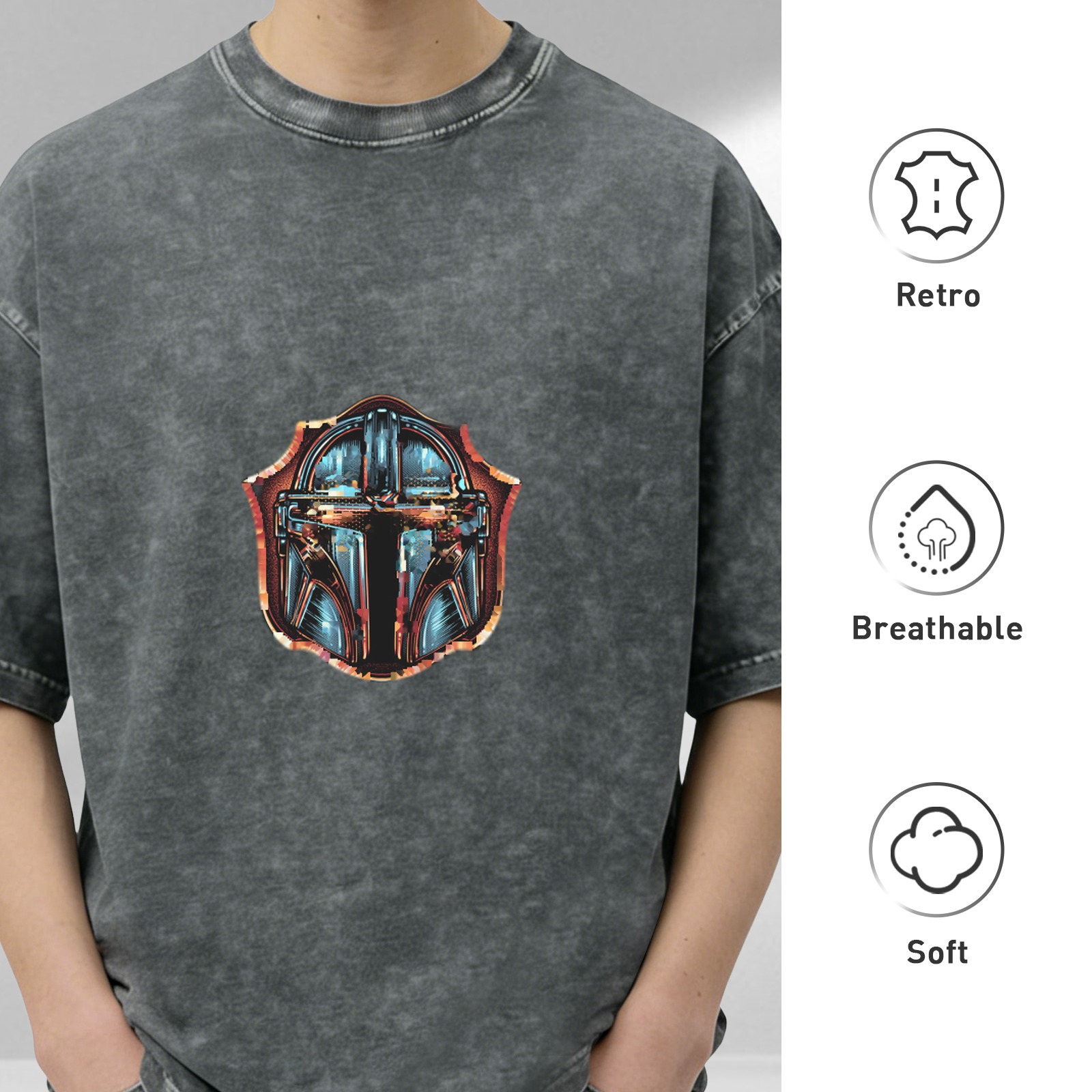 Washed Black T-Shirt With Mandalorian Helmet Shield Graphic
