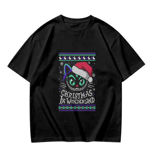 Christmas In Wonderland Cheshire Cat Santa Hat Graphic T-Shirt