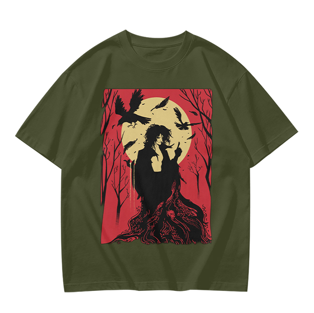 Olive T-Shirt With Gothic Crow And Moon Graphic Print