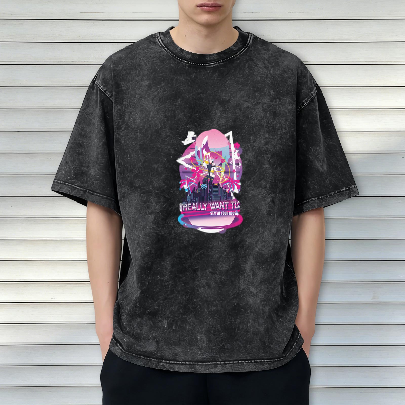 Washed black graphic t-shirt with anime cityscape and text print