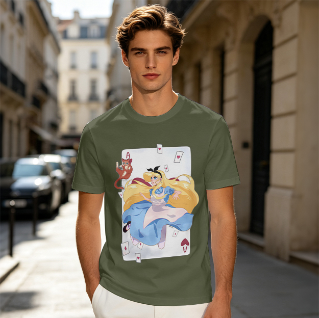 Olive T-Shirt with Alice in Wonderland Falling Through Cards Print