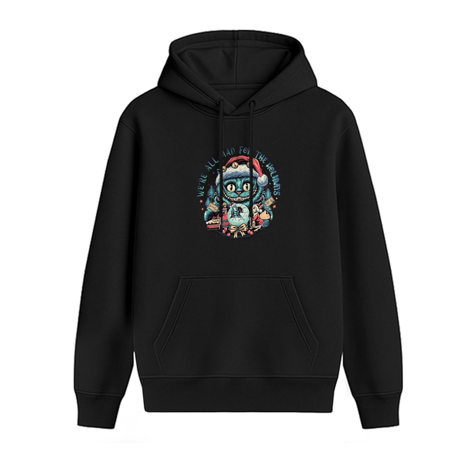 Black hoodie with Cheshire cat holiday Christmas print