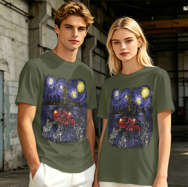Olive T-Shirt with Starry Night Superhero Cityscape Art Print