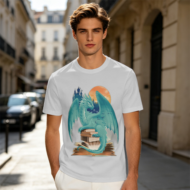 Teal Dragon Perched on Stacked Books Fantasy Graphic T-Shirt