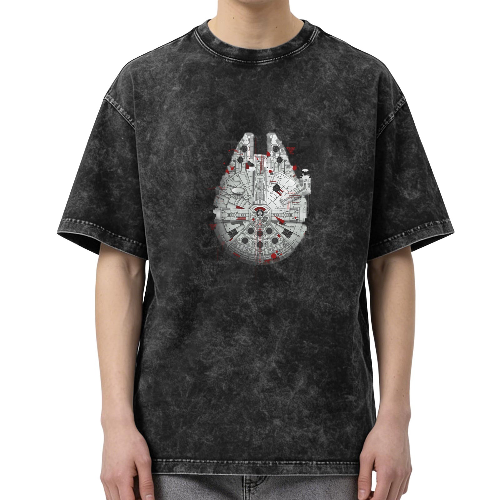 Distressed black short-sleeved T-shirt Star Wars Millennium Falcon pattern casual loose style