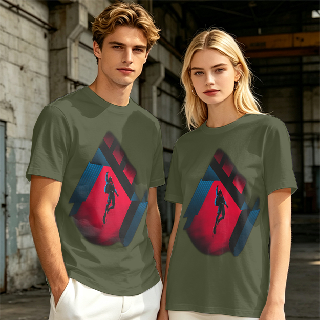 Olive T-shirt with Spider-Man mid-swing over city buildings