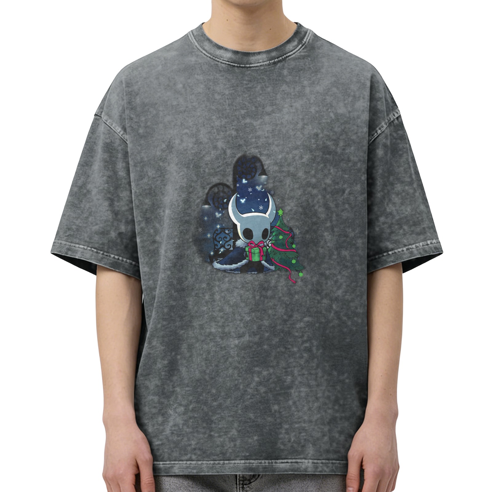 Hollow Knight Christmas Graphic Acid Wash Black T-Shirt